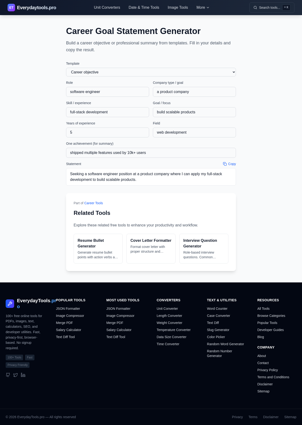 Career Goal Statement Generator screenshot