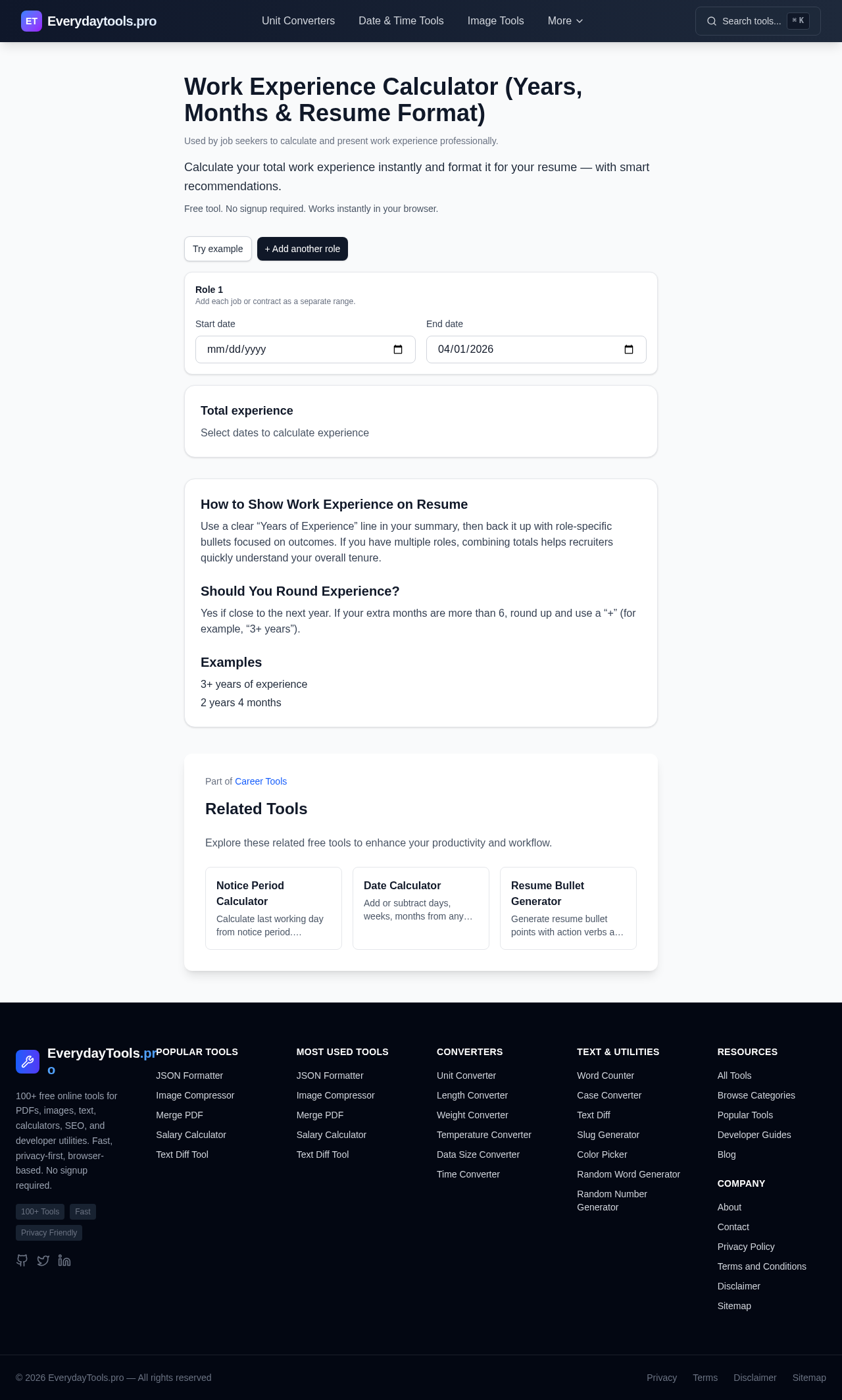 Work Experience Calculator (Years, Months & Resume Format) screenshot