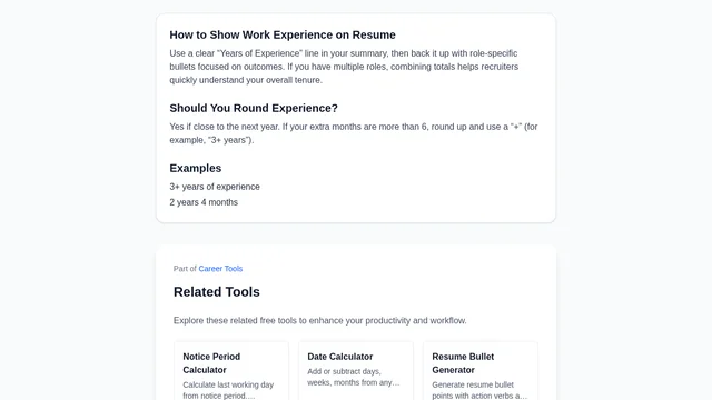 Work Experience Calculator (Years, Months & Resume Format) screenshot
